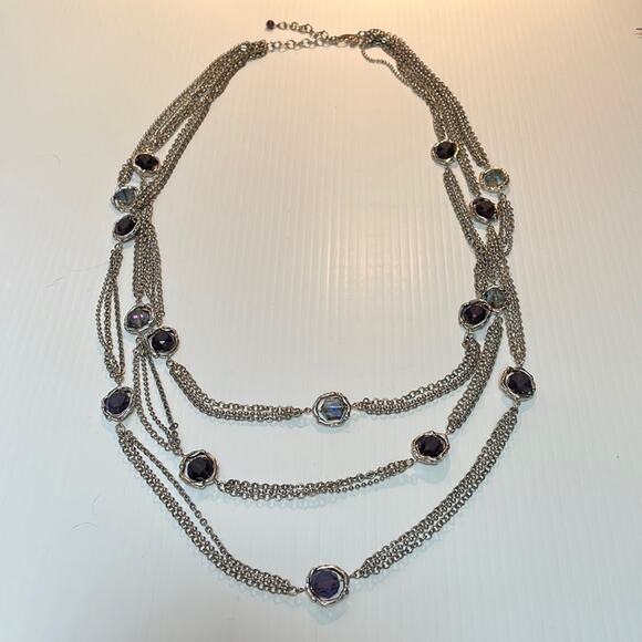 Chico's Long Iridescent Purple Cut Glass Faceted Three Strand Necklace - Picture 4 of 9